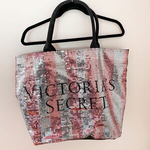 Victoria’s Secret Pink Sequin Striped Large Tote Bag Pink Silver and Black